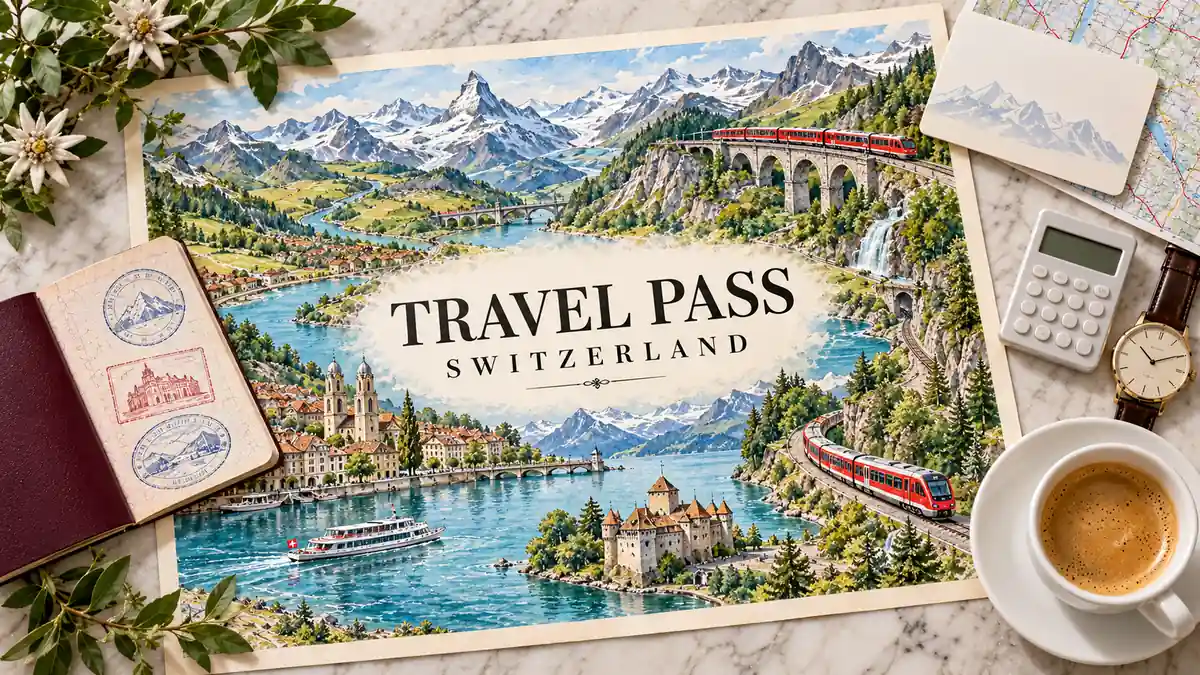 Is the Swiss Travel Pass Worth It, and Which Version to Buy? 2 Watercolor Swiss transport map with train, lake ferry and mountains, framed by a passport, blank pass card, route map, calculator, watch and coffee.