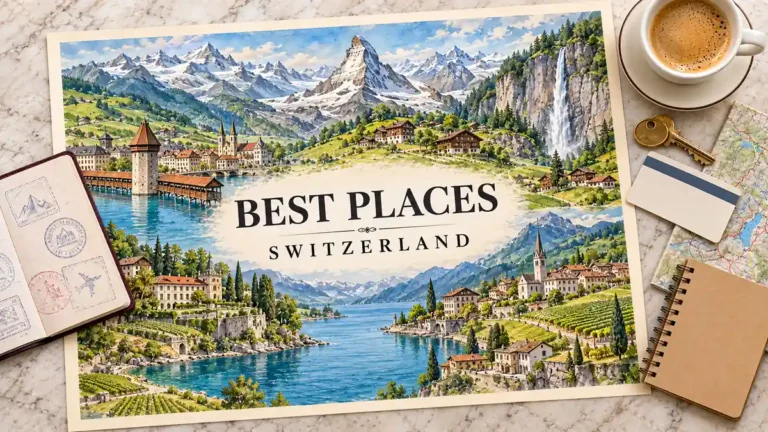 Swiss watercolor map with alpine peaks, waterfall cliffs, chalets, a covered bridge and lakes, beside a passport and travel planning objects.