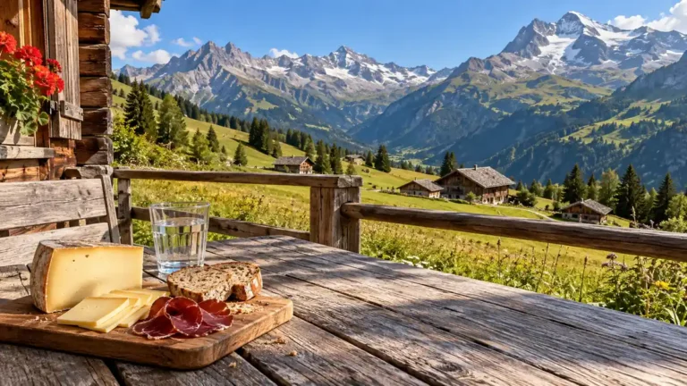 Swiss Food Guide: What to Eat in Switzerland and How to Order It 4 Cheese, bread and cured meat on a terrace table overlooking Swiss Alpine meadows