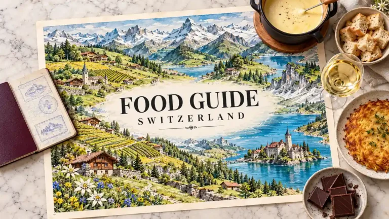 Swiss watercolor landscape map framed by a passport, cheese fondue, bread cubes, golden rosti, dark chocolate and white wine.