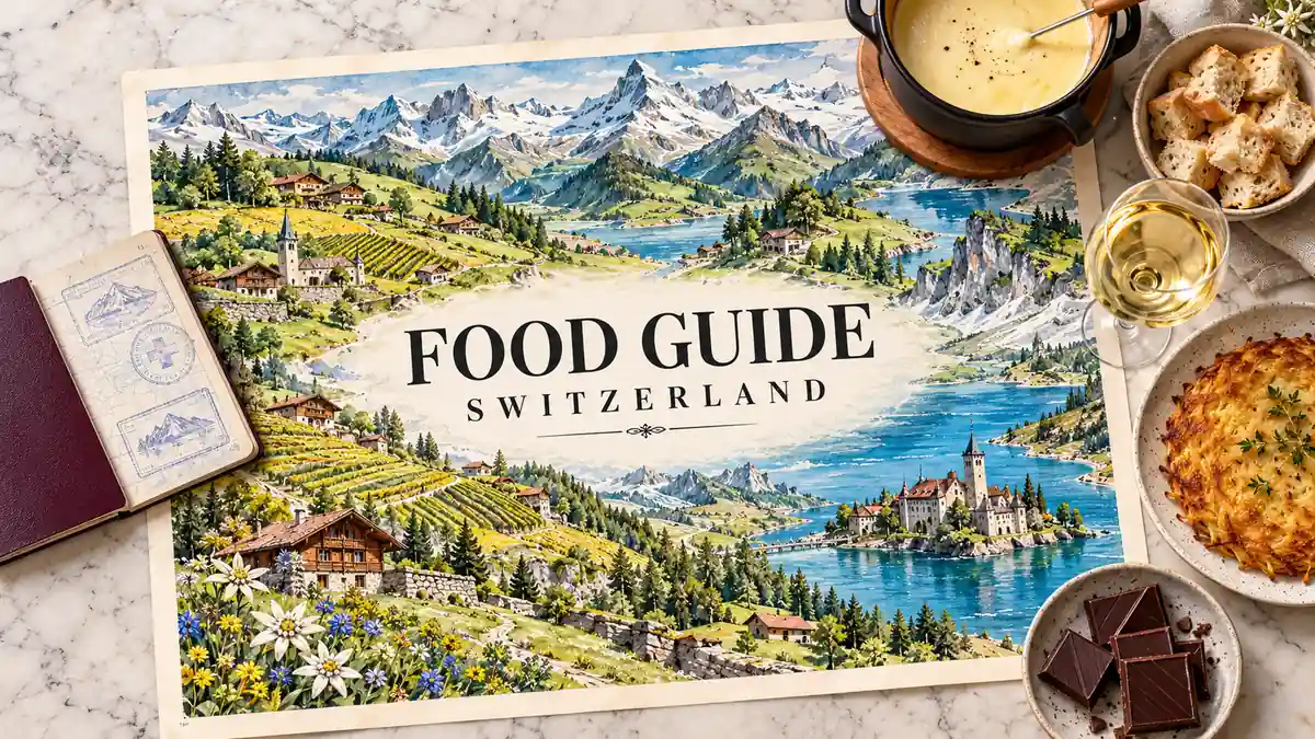 Swiss Food Guide: What to Eat in Switzerland and How to Order It 2 Swiss watercolor landscape map framed by a passport, cheese fondue, bread cubes, golden rosti, dark chocolate and white wine.