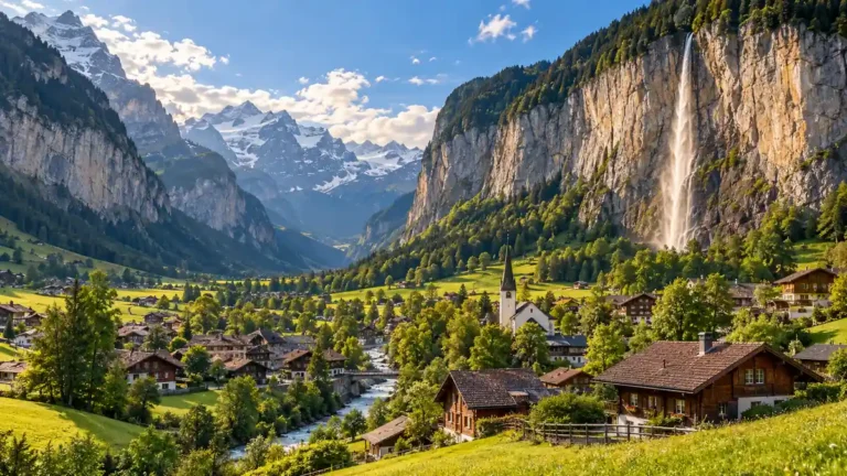 Home 13 Timber chalets and a village church sit below a cliff waterfall and snowy peaks in Lauterbrunnen Valley.