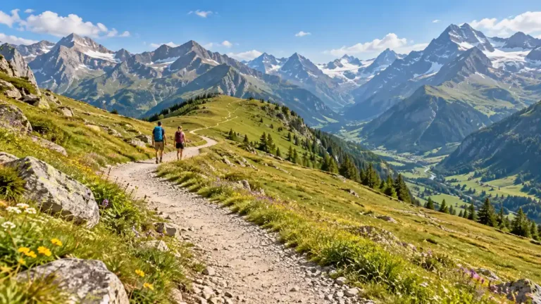 Best Hikes in Switzerland: Which Trail to Plan a Day Around 5 Gravel hiking path winding through a sunny Alpine meadow toward distant mountain ridges