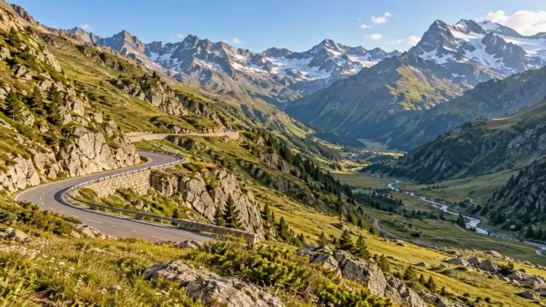 A winding mountain-pass road crosses green slopes beneath rocky peaks in the Swiss Alps