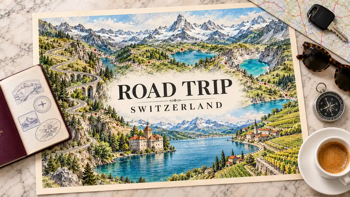 Switzerland Road Trip: The 10-Day Loop Worth Driving 2 Watercolor Swiss road trip map with alpine hairpin bends, lakes and vineyard terraces beside a passport, car key, map, sunglasses, compass and espresso.