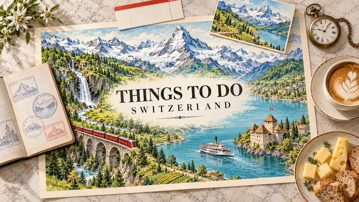 Things to Do in Switzerland: What to Build Your Trip Around 2 Swiss illustrated map with Alpine peaks, a red train, lake steamer and castle, surrounded by a passport and travel objects.
