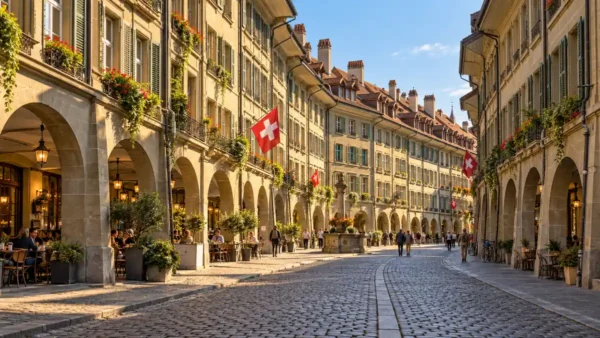 Switzerland Travel Tips: Money, Trains, and Mountain Weather 11 Sandstone arcades and shuttered facades along a sunlit street in Bern, Switzerland