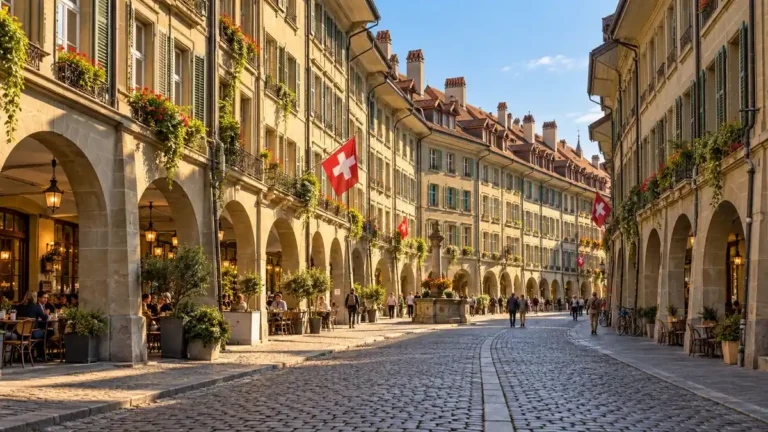 Switzerland Travel Tips: Money, Trains, and Mountain Weather 3 Sandstone arcades and shuttered facades along a sunlit street in Bern, Switzerland