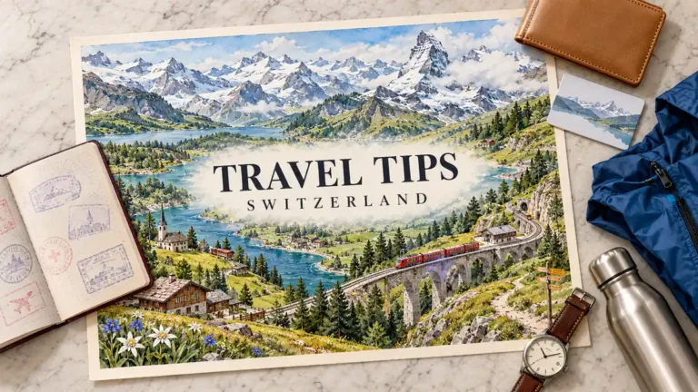 Swiss alpine watercolor map with lakes and a train, framed by a passport, wallet, rail card, blue rain shell, water bottle and watch.