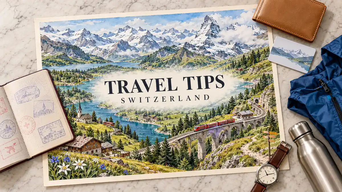 Switzerland Travel Tips: Money, Trains, and Mountain Weather 2 Swiss alpine watercolor map with lakes and a train, framed by a passport, wallet, rail card, blue rain shell, water bottle and watch.