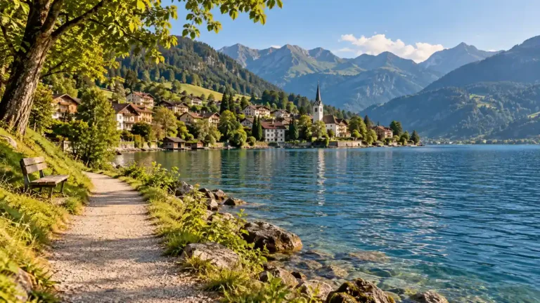 A lakeside path and wooden bench overlooking a Swiss village and distant Alpine ridges