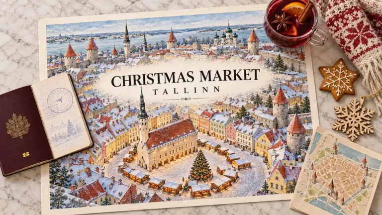 Home 5 Tallinn Old Town illustration with a Christmas tree and market chalets, framed by a passport, glögi, wool scarf, gingerbread, wooden snowflake and route card.
