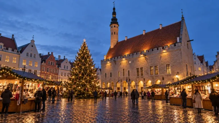 Home 5 Illuminated Christmas tree and wooden market stalls in front of the medieval town hall in Tallinn