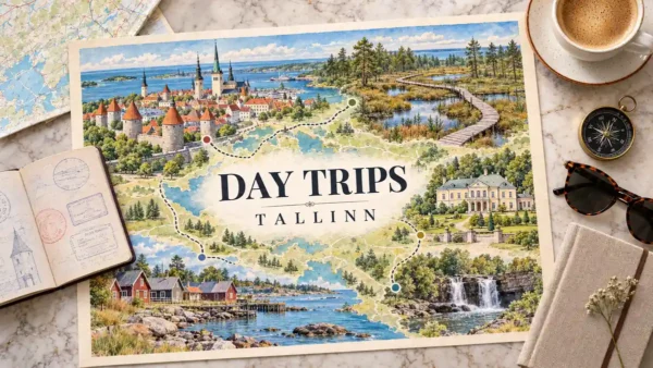 Best Day Trips from Tallinn: Which One Fits Your Day 9 Watercolor map of Tallinn day trips with medieval towers, a bog boardwalk, manor house and Baltic coast, surrounded by travel objects.