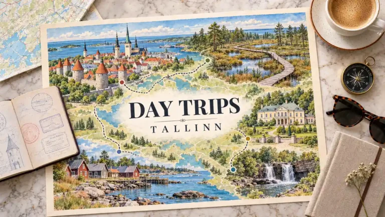 Best Day Trips from Tallinn: Which One Fits Your Day 4 Watercolor map of Tallinn day trips with medieval towers, a bog boardwalk, manor house and Baltic coast, surrounded by travel objects.