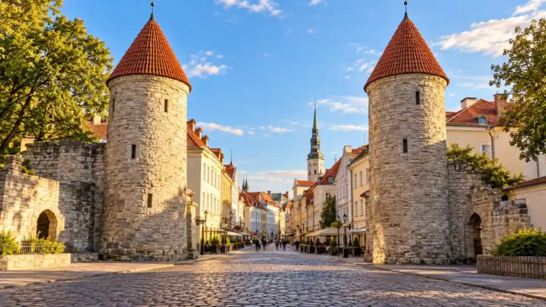 Home 36 AI-generated view of Tallinn’s Viru Gate, with two stone towers and red roofs framing a cobbled Old Town street.