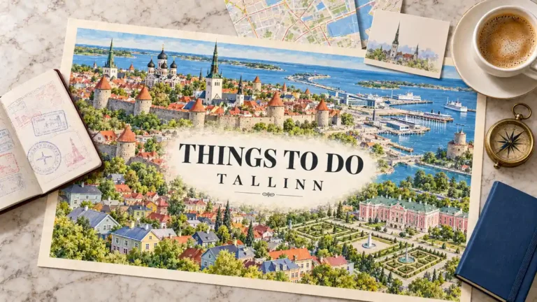 Watercolor Tallinn map with medieval towers, wooden houses, palace gardens and harbor, framed by a passport, museum card, map, notebook, compass and coffee.