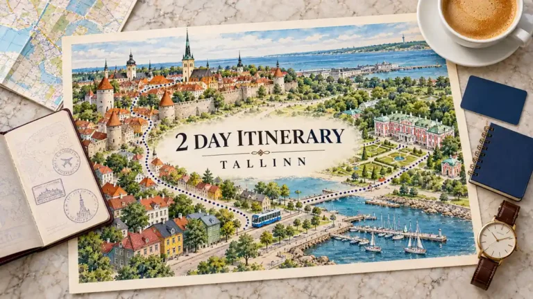 Tallinn Itinerary: 2 Days, Old Town First, Kadriorg Second 6 Tallinn route map linking medieval towers, wooden houses, Kadriorg gardens and seafront, framed by a passport, map, transit card, notebook, watch and coffee.