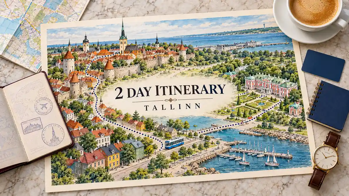 Tallinn Itinerary: 2 Days, Old Town First, Kadriorg Second 2 Tallinn route map linking medieval towers, wooden houses, Kadriorg gardens and seafront, framed by a passport, map, transit card, notebook, watch and coffee.