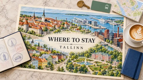 Where to Stay in Tallinn: 5 Areas Compared by Traveler Type 10 Tallinn neighborhood map with medieval towers, wooden houses, modern blocks, gardens and harbor, beside a passport, key, card, map, notebook and coffee.