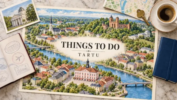 Things to Do in Tartu: What to See and Whether to Stay the Night 11 Watercolor Tartu map with a pink town hall, brick cathedral ruins, neighborhood houses and river, beside a passport, postcard, map, key, notebook and coffee.