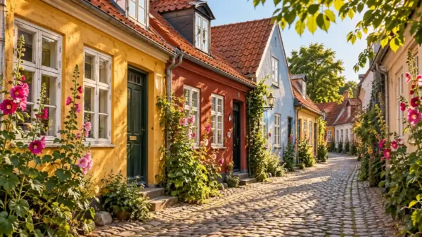 Things to Do in Aarhus: What Deserves Your Time First 11 Colorful Danish houses and pink hollyhocks beside a sunlit cobblestone lane inspired by Mollestien in Aarhus.