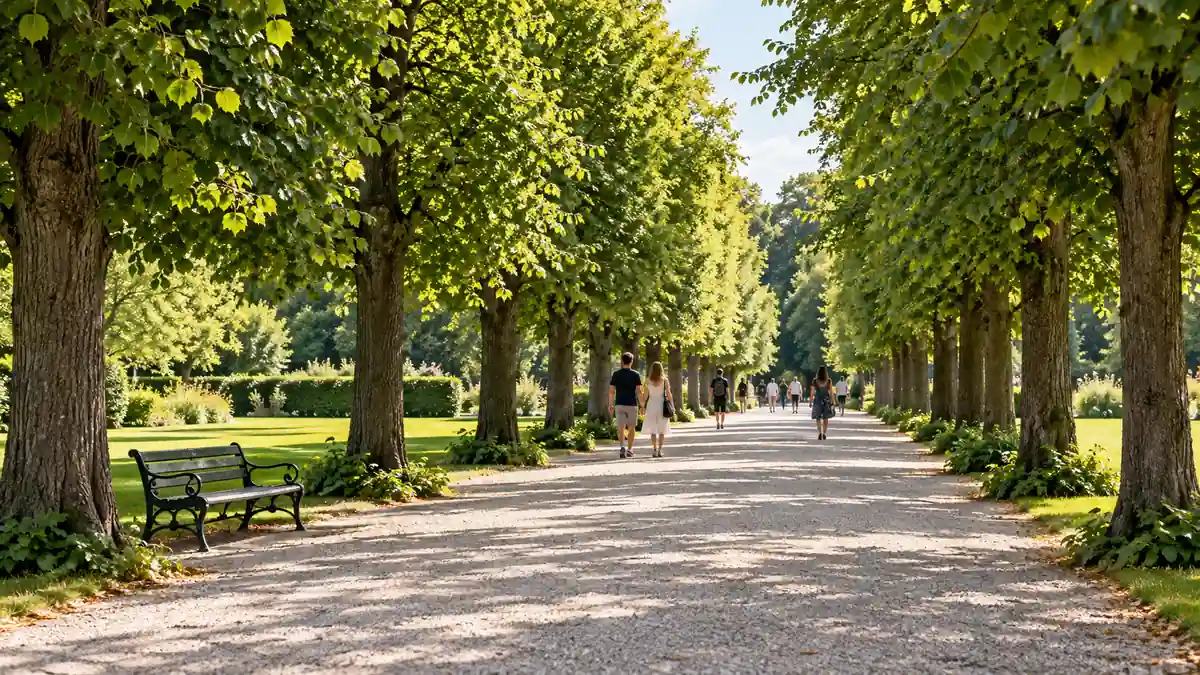 Things to Do in Copenhagen: What Is Worth Your Time 2 Sunlit gravel avenue lined with clipped green trees and distant walkers in a formal garden