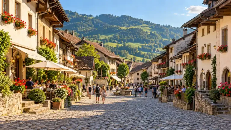 Things to Do in Switzerland: What to Build Your Trip Around 1 Cobbled village street in Gruyères with traditional houses, flower boxes and green hills