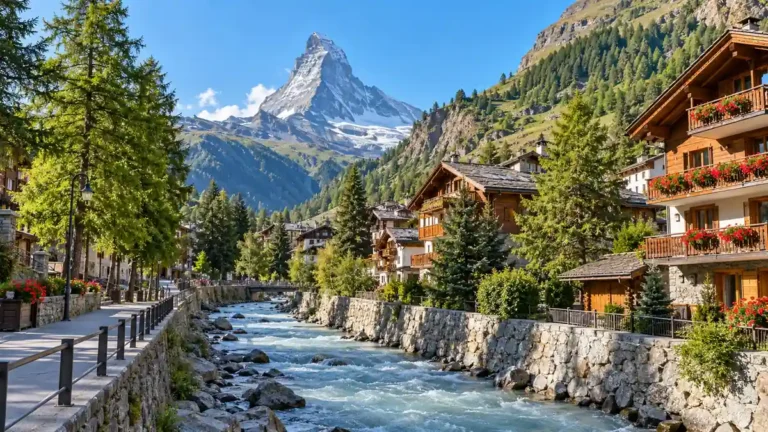 Things to Do in Zermatt: Which Matterhorn View to Choose First 6 Matterhorn rising beyond Zermatt chalets and the glacial Matter Vispa river