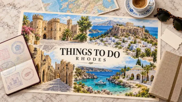 Watercolor Rhodes sightseeing montage with medieval architecture, Lindos Acropolis and turquoise bays, surrounded by a passport and planning props.