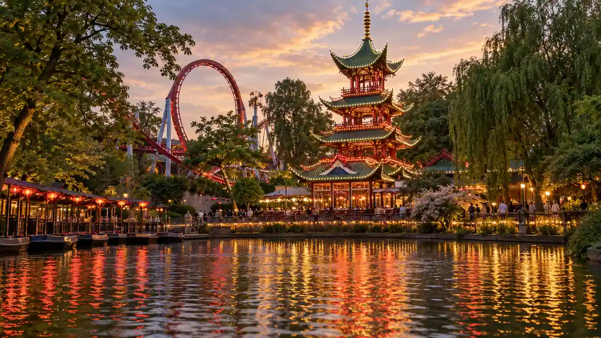 Visiting Tivoli Gardens: Worth It, Which Ticket, and When to Go 2 Illuminated pagoda and warm lights reflected in the lake at Tivoli Gardens in Copenhagen.