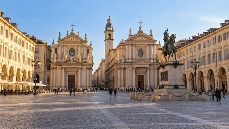 Equestrian monument and twin Baroque church facades across Piazza San Carlo in Turin.