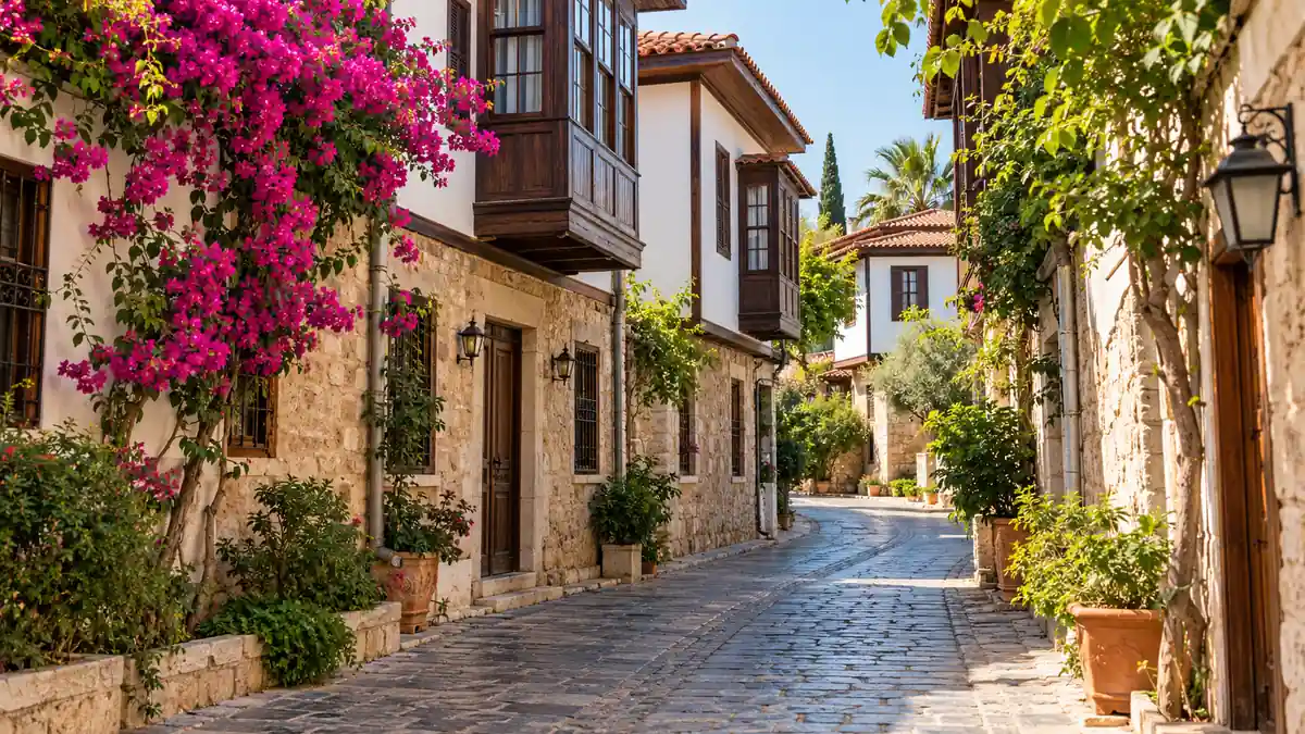 Turkey Visa Requirements: Who Needs One and How to Apply 2 Stone lane lined with Ottoman-style houses, wooden balconies and bougainvillea in Antalya, Turkey