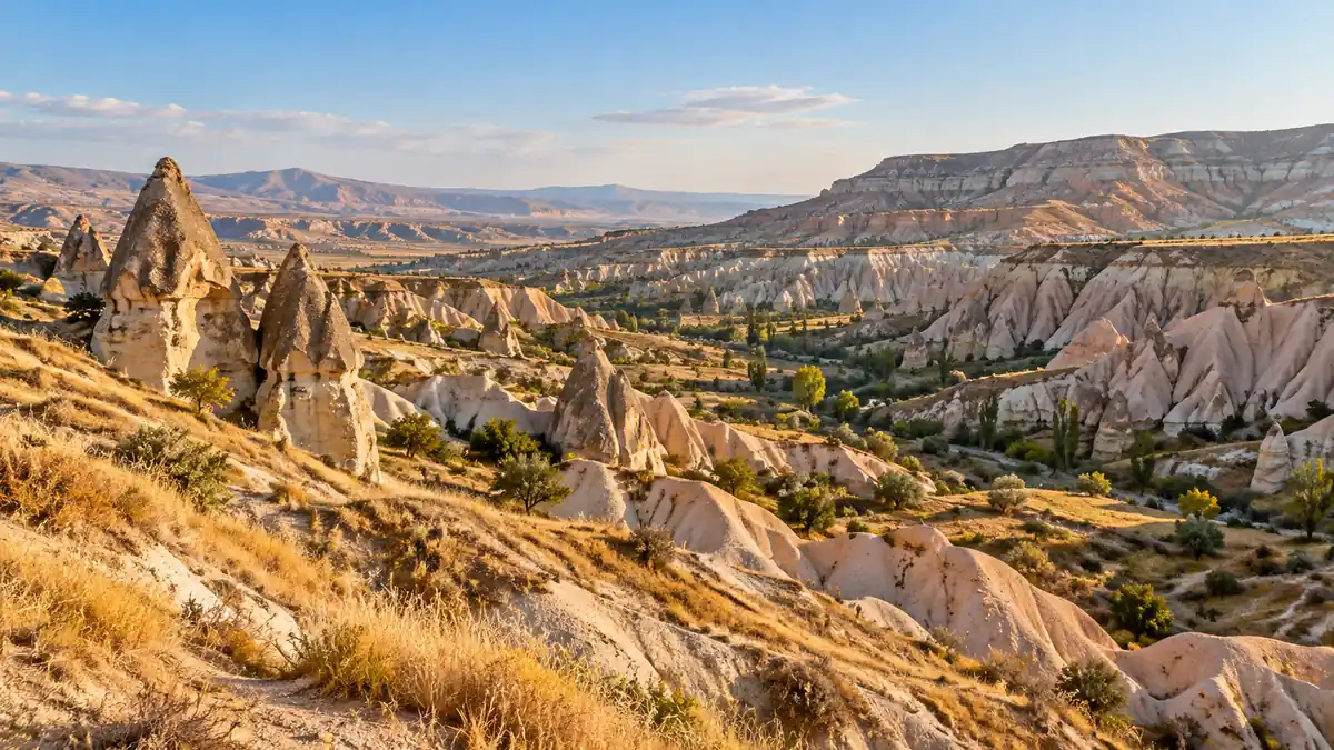 Travel to Turkey: Istanbul Plus One Region per Week 2 Pale volcanic rock formations and gently eroded valleys in Cappadocia under morning light