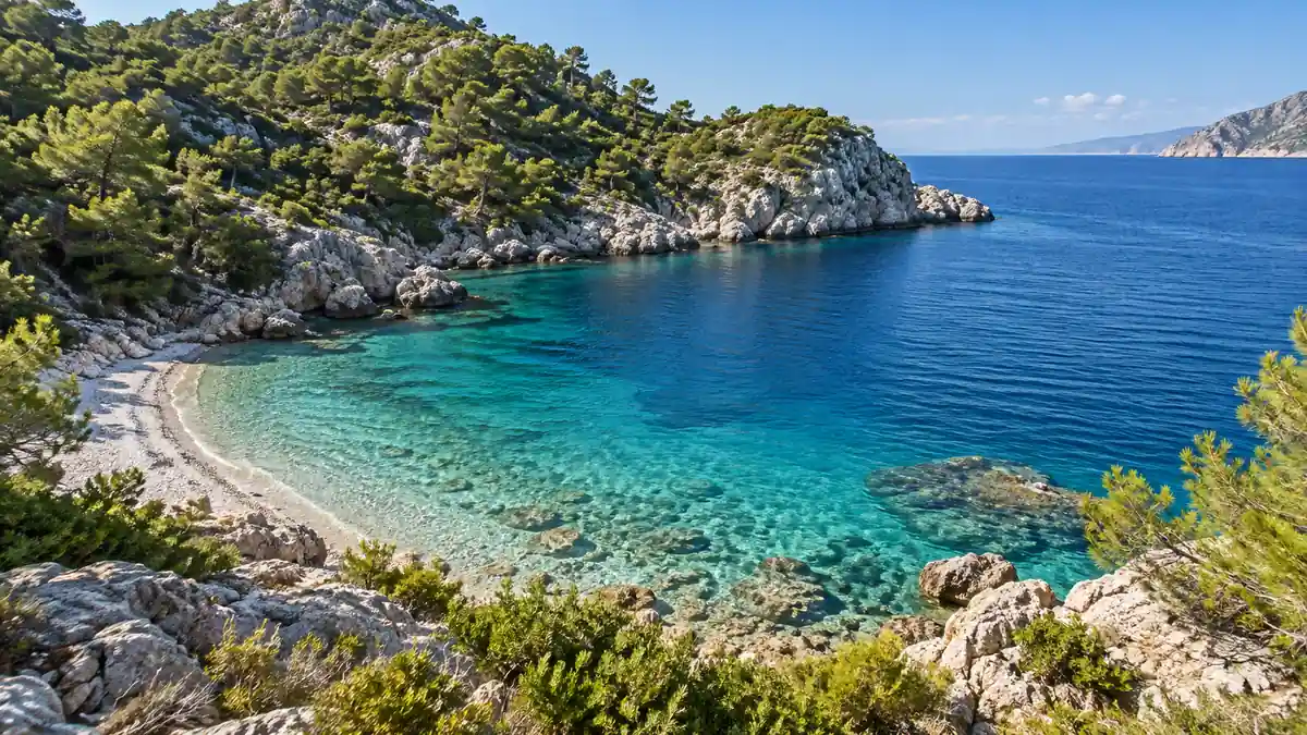 Best Places to Visit in Turkey: Where to Go on a First Trip 2 Clear turquoise water beside a limestone cove and pine-covered slopes on Turkey's Mediterranean coast