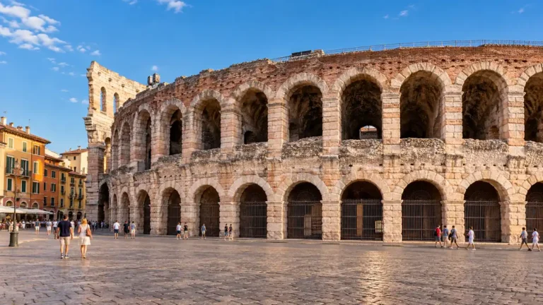 Weathered limestone arches of the Arena di Verona facing the open paving of Piazza Bra.