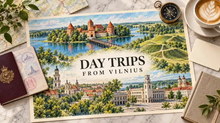 Watercolor destination collage with Trakai Island Castle, grassy Kernave hills and Kaunas architecture, framed by a passport and travel objects.