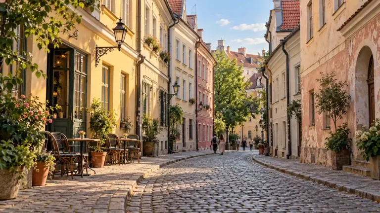 Trip to Vilnius, Lithuania: 2–3 Days Done Right & Travel Tips 3 AI-generated Vilnius Old Town scene with a cobbled lane, pastel historic facades, café tables and distant walkers.