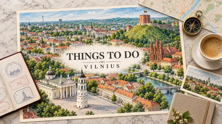 Watercolor Vilnius scene with Gediminas Tower, Cathedral, Saint Anne's Church and Old Town roofs, framed by a passport and sightseeing objects.