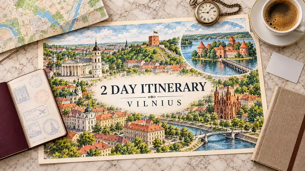 2-Day Vilnius Itinerary: The Old Town, Then Trakai or the City 2 Vilnius itinerary illustration with Cathedral Square, Old Town churches and a Trakai island castle vignette beside a passport and planning accessories.