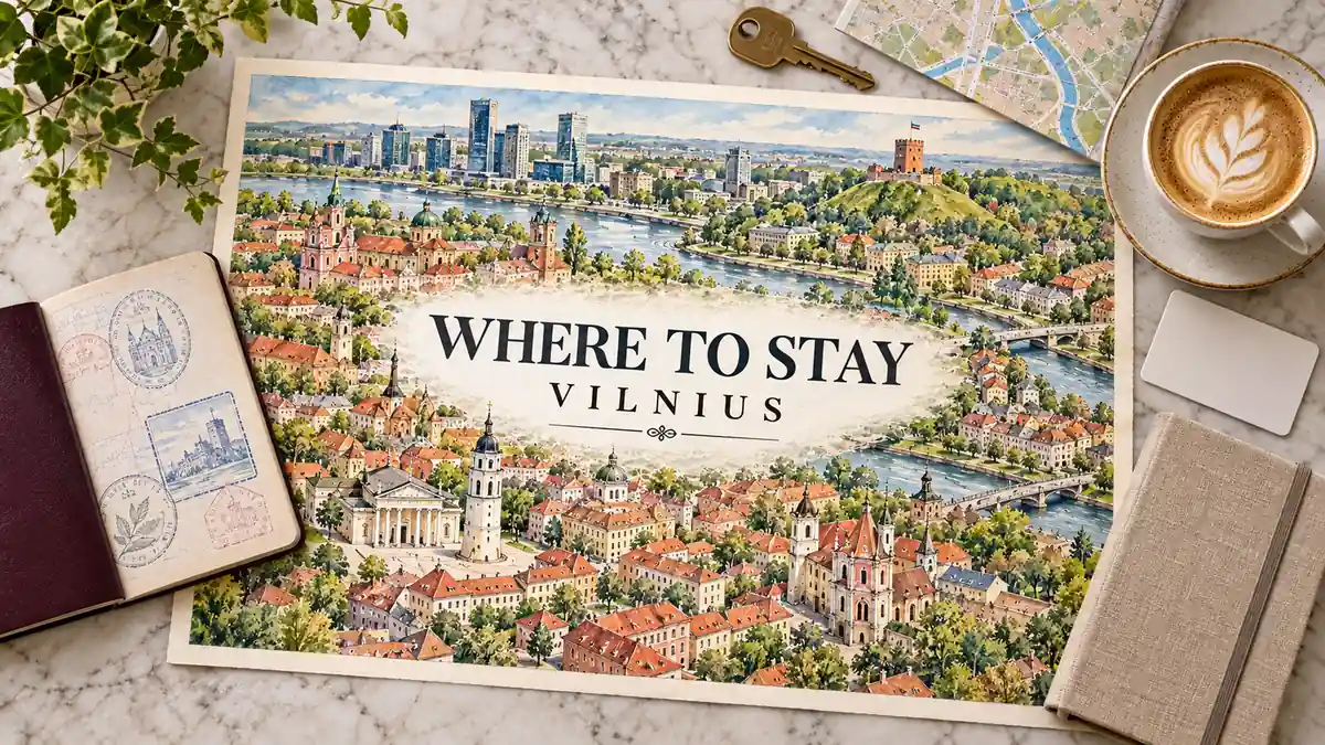 Where to Stay in Vilnius: Best Areas for Every Trip Type 2 Vilnius neighborhood illustration with Old Town churches, rivers and leafy residential areas, beside a passport, room key and planning accessories.