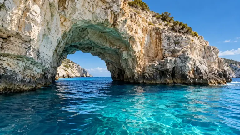 Pale limestone sea arch above clear blue water on the northern Zakynthos coast.