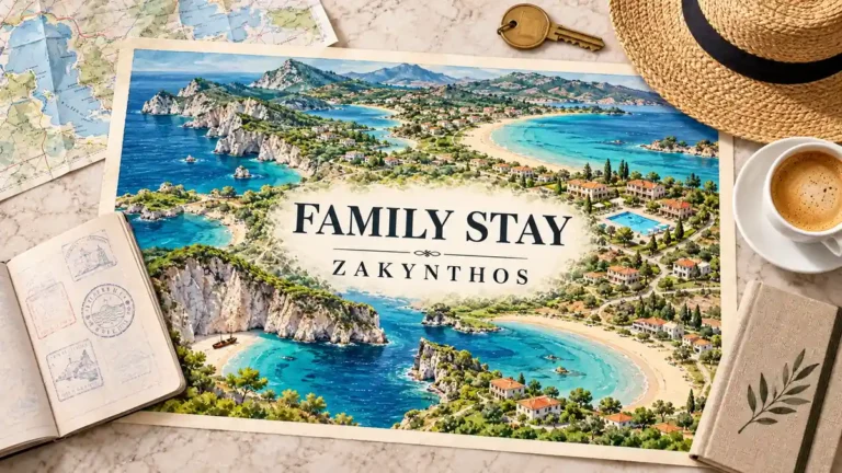 Watercolor Zakynthos coastal scene with shallow sandy bays, low-rise holiday apartments and a pool, framed by a passport, room key and sunhat.