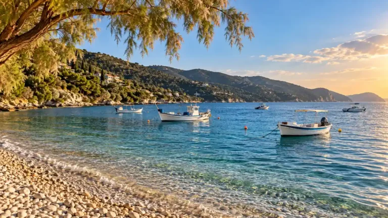 Small boats in calm blue water beside the tree-lined shore at Limni Keri, Zakynthos.