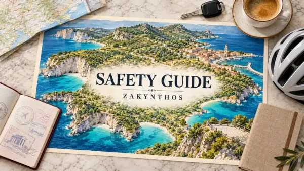 Zakynthos Safety: Is It Safe, and Where the Risk Really Sits 9 Watercolor Zakynthos coastline with winding roads, limestone cliffs and a harbor, framed by a passport, road map, helmet and car key.