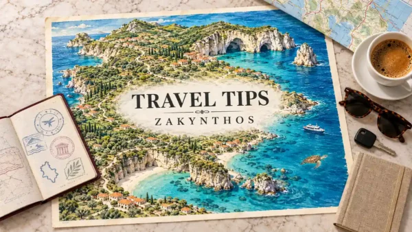 Watercolor Zakynthos island map with olive-covered hills, limestone caves and turquoise bays, framed by a passport, car key and travel objects.