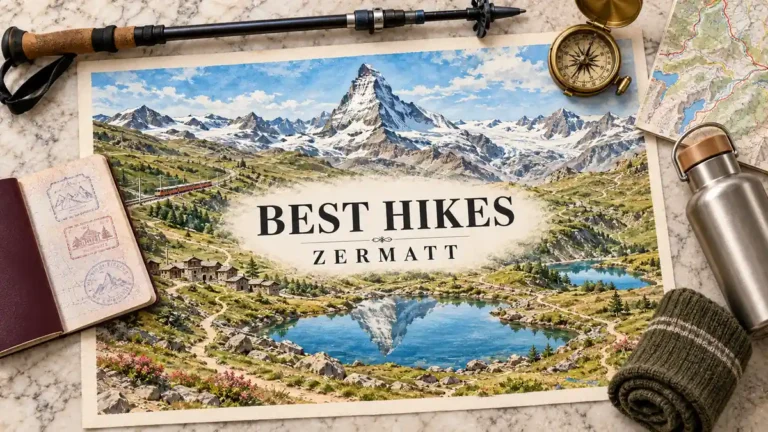 Illustrated Zermatt hiking map with the Matterhorn, alpine lakes, a passport and hiking accessories.