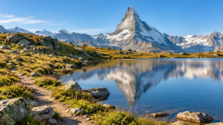 The Best Zermatt Hikes, Sorted by Effort and Matterhorn View 7 Rocky alpine path beside Stellisee with the Matterhorn reflected in calm lake water