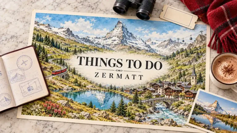 Watercolor Zermatt map with Matterhorn, mountain railway and village chalets, surrounded by a passport and sightseeing accessories.