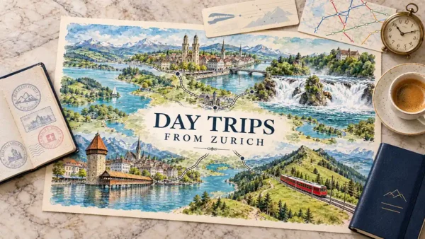 Swiss excursion map with lakes, a waterfall, covered bridge and mountain train, framed by a passport and rail-planning objects.